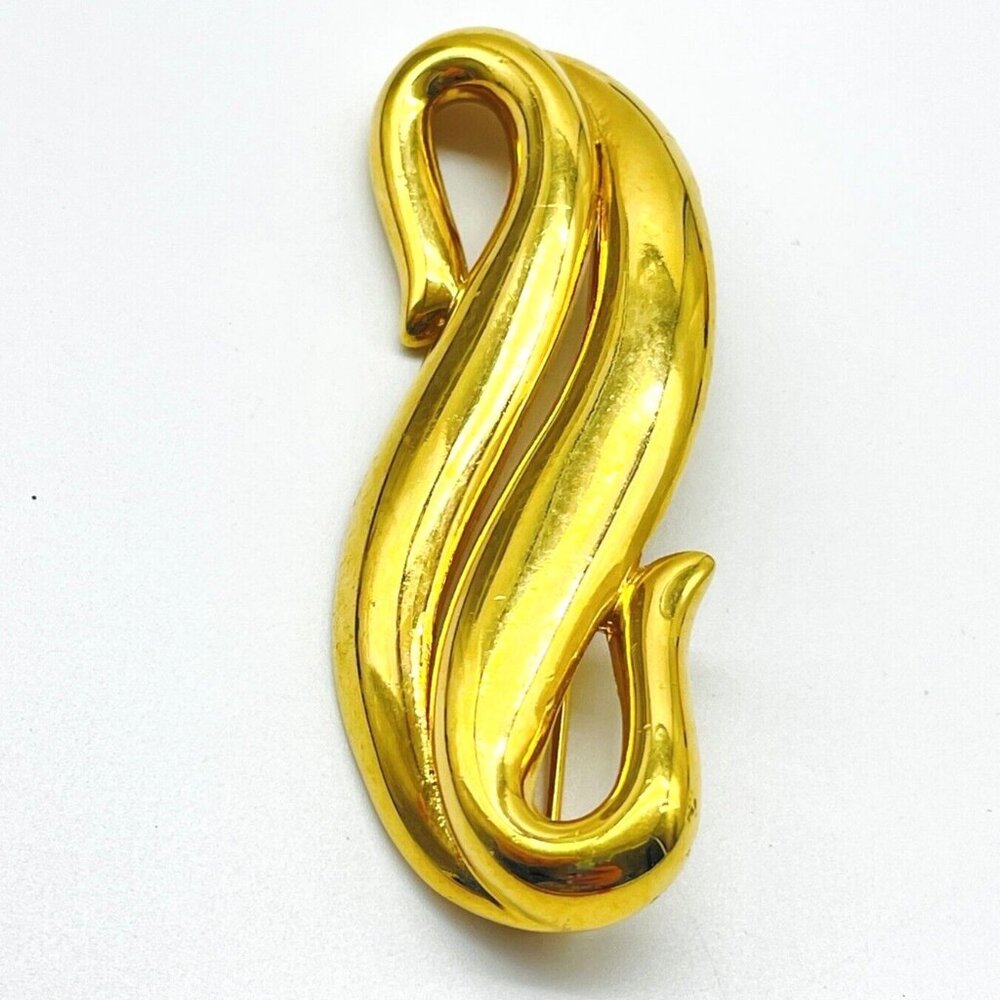 Signed MONET Brooch Gold Tone Abstract Swirl Vintage Designer Costume Jewelry